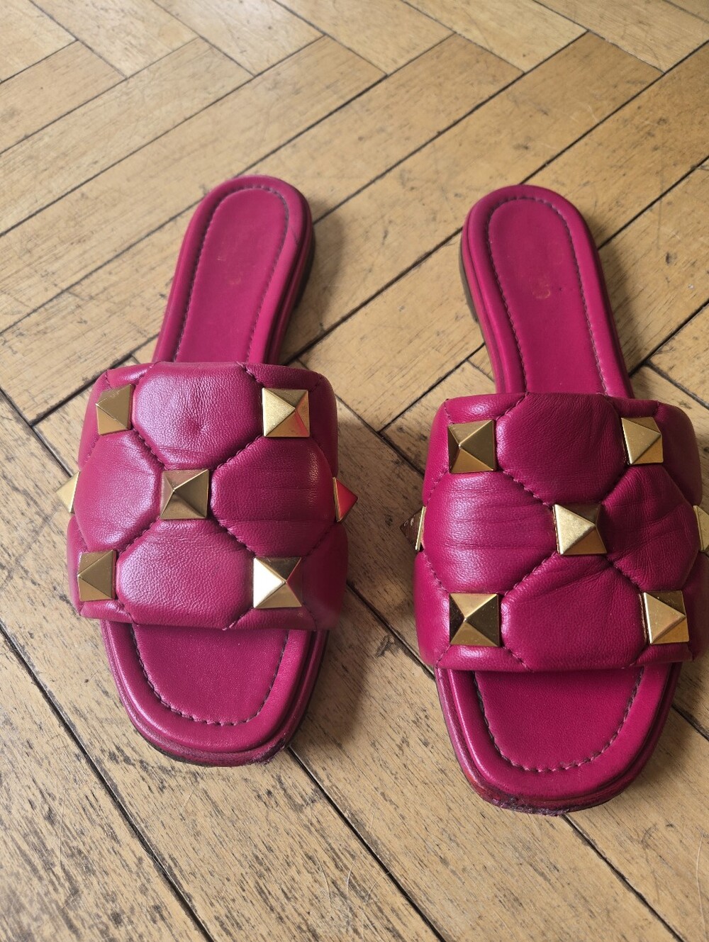 Valentino Pink Quilted Roman Stud Slide Sandals with Gold Pyramid Studs 38